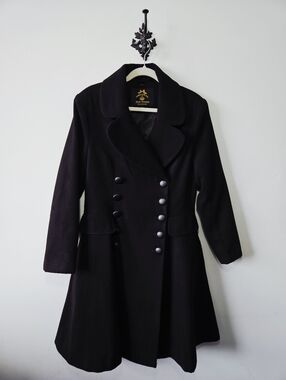 Hell Bunny Vintage Style Milan Coat Size L Black Structured Pea Coat Victorian